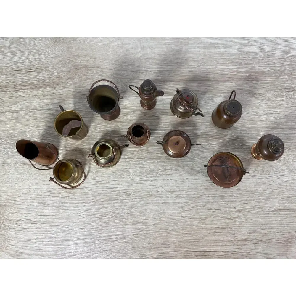 Vintage Japan Miniature Brass Copper Kitchenware Lot, 12pc Dollhouse Decor
